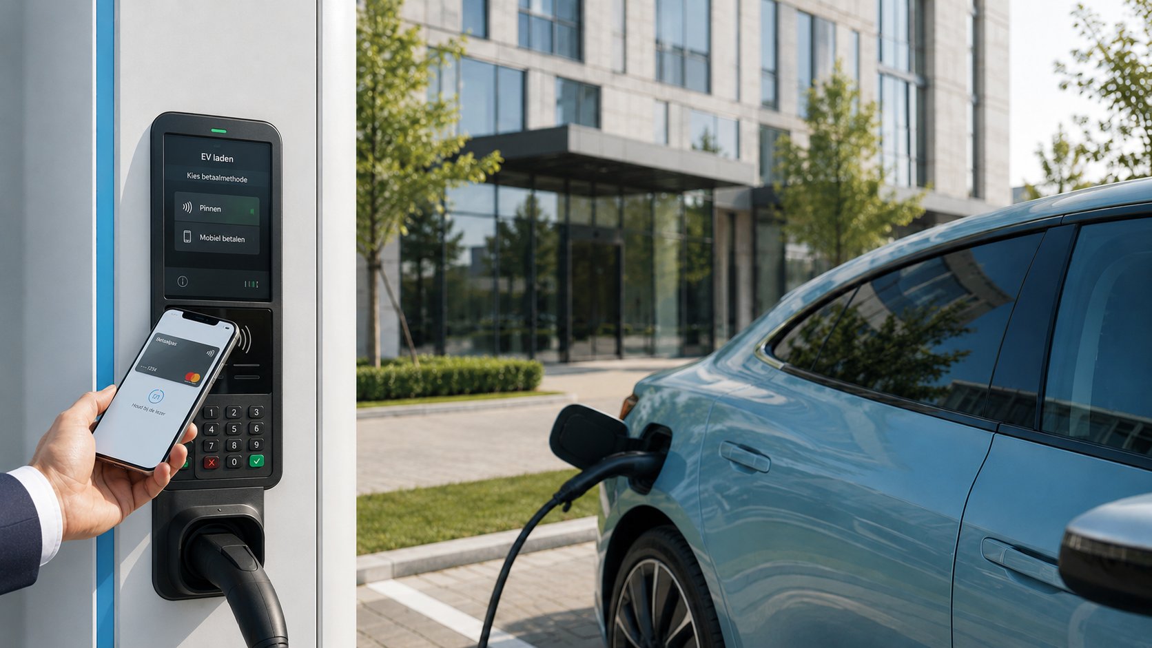 EV-rijder betaalt contactloos met telefoon bij een BessQ Tapcharge laadpaal.