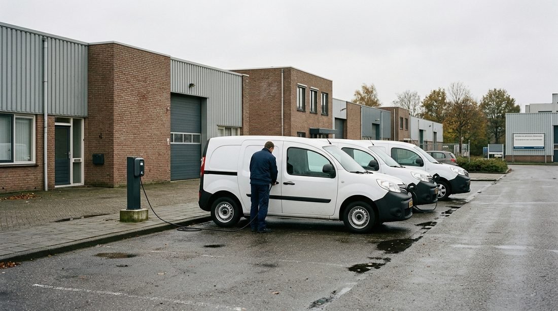 Drie witte bedrijfsbussen aan een laadpaal op een bedrijventerrein; een chauffeur sluit de laadkabel aan