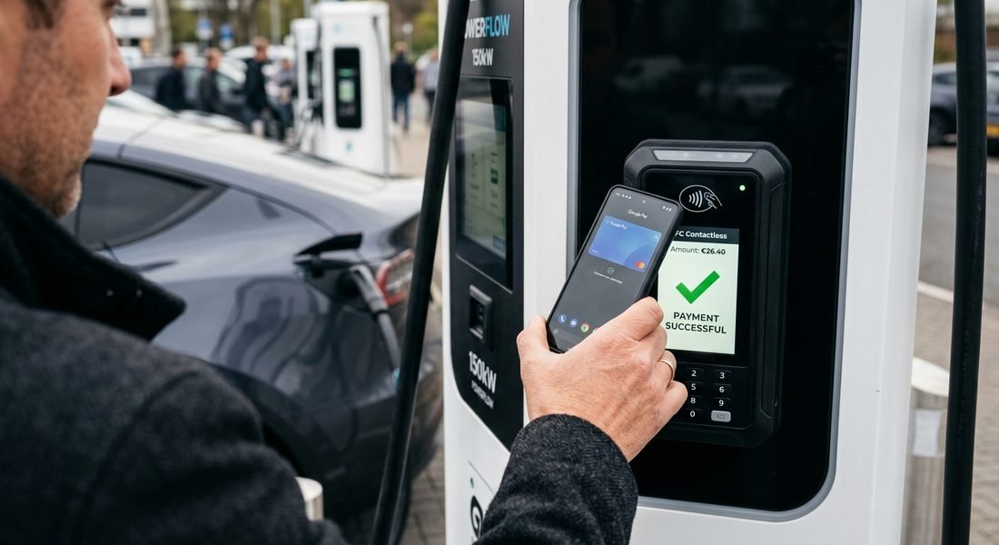 Chauffeur houdt zijn telefoon tegen de betaalterminal van een snellader; het scherm toont een geslaagde betaling