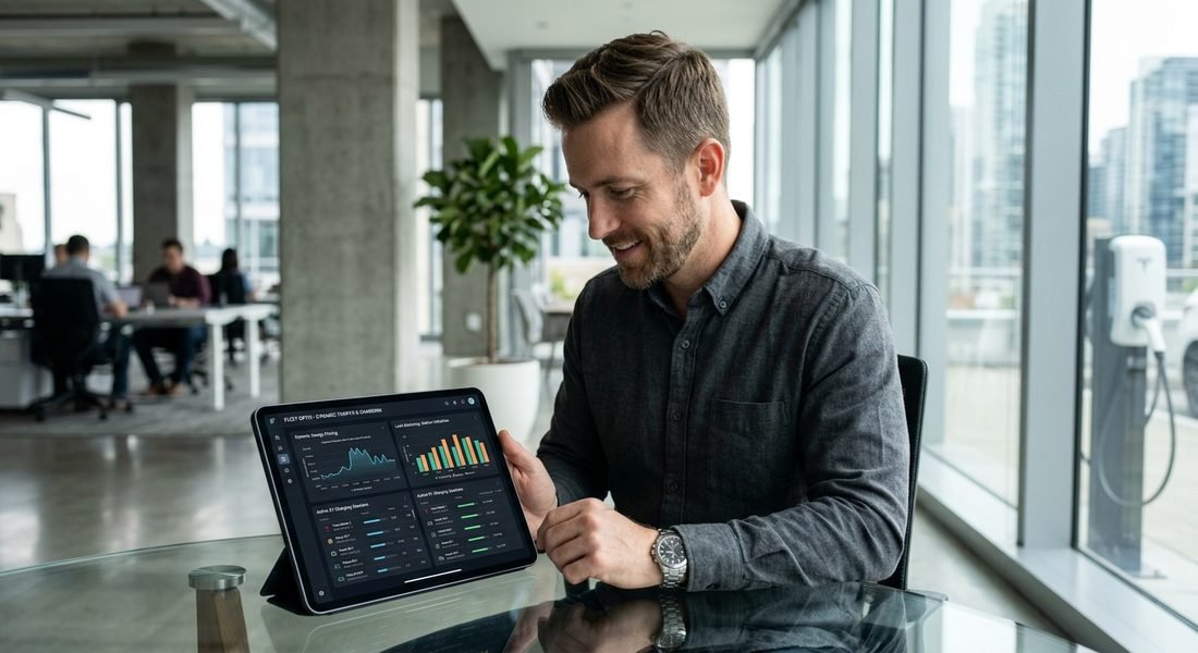 Eigenaar bekijkt het Tapcharge-dashboard met laadsessies en opbrengst op een tablet in zijn kantoor