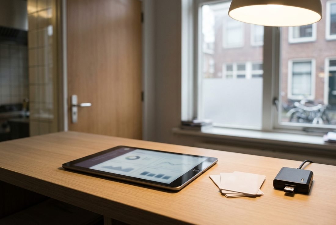 Tablet met het Tapcharge-dashboard op een houten tafel, naast drie blanco laadpassen en een RFID-schrijver
