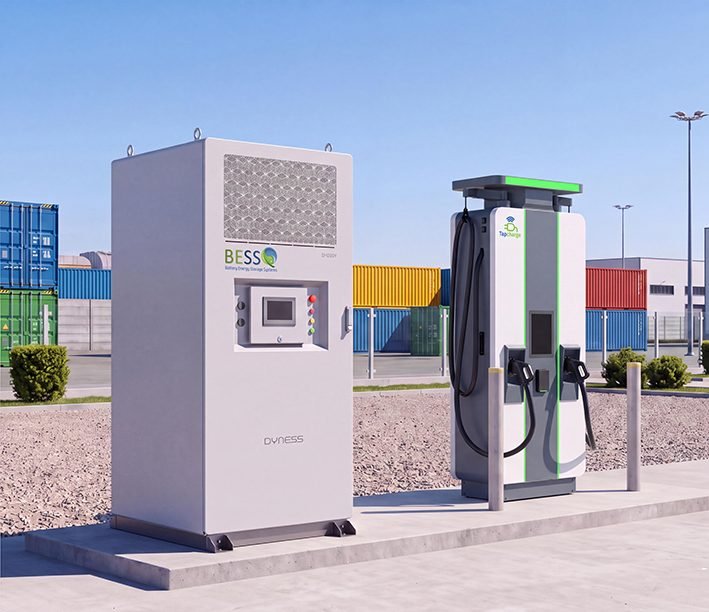 Dyness-batterijkast naast een DC-snellader met Tapcharge-logo op een bedrijfsterrein