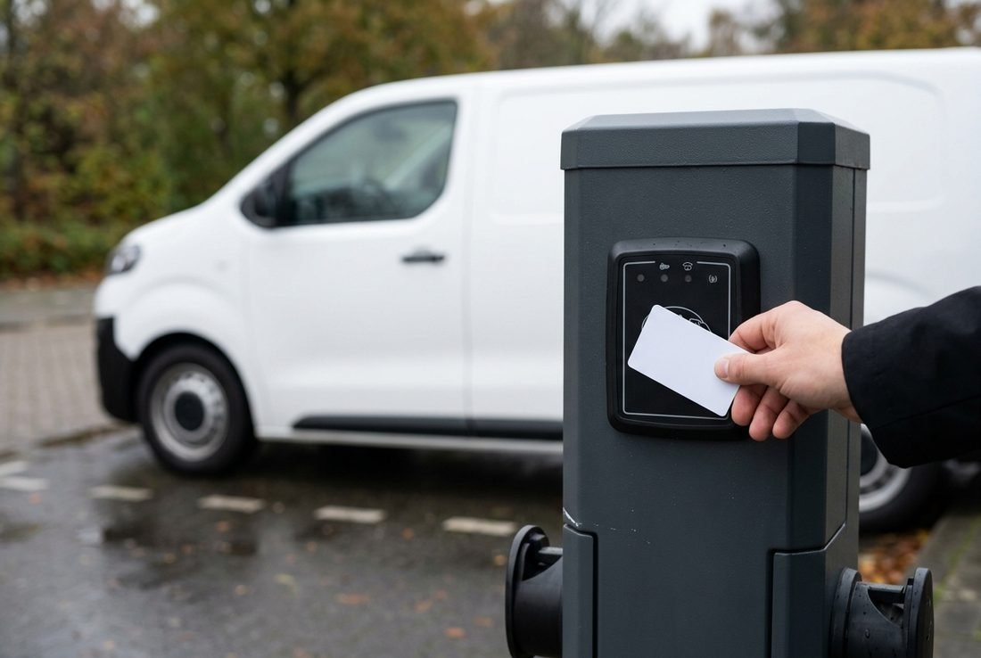 Een hand houdt een witte laadpas tegen de RFID-lezer van een laadpaal, met een witte bedrijfsbus op de achtergrond