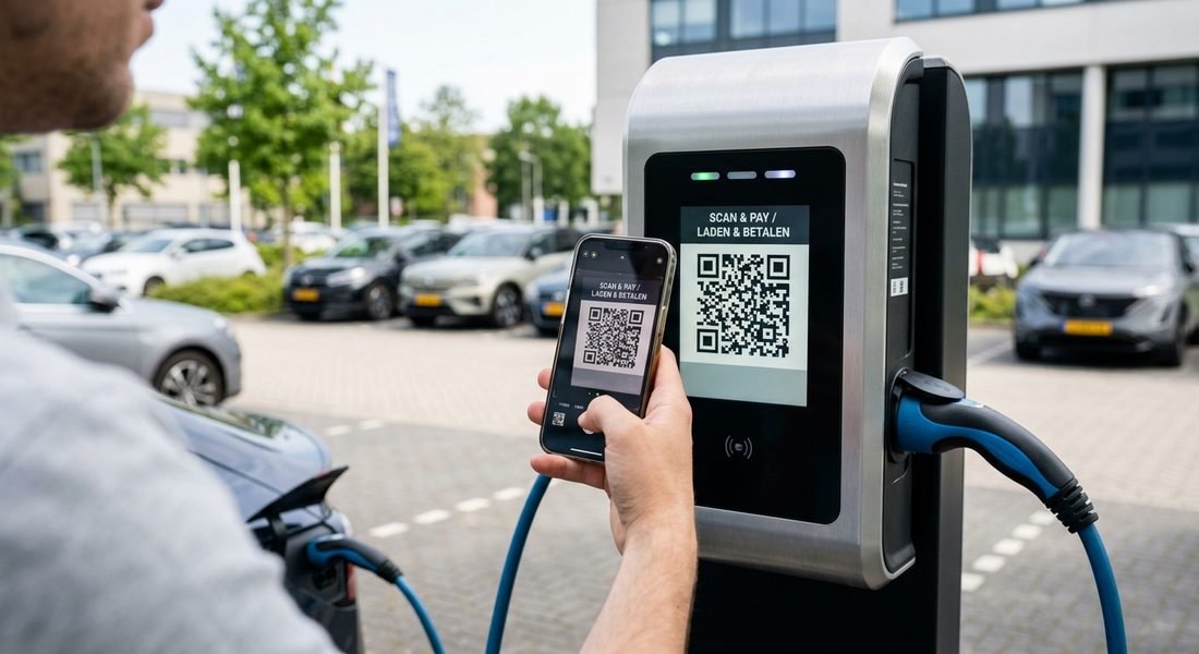 Chauffeur scant met zijn telefoon de QR-code op het scherm van een laadpaal op een bedrijfsparkeerplaats