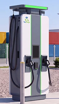 Snellader met scherm, RFID-lezer en betaalterminal tussen de twee laadkabels