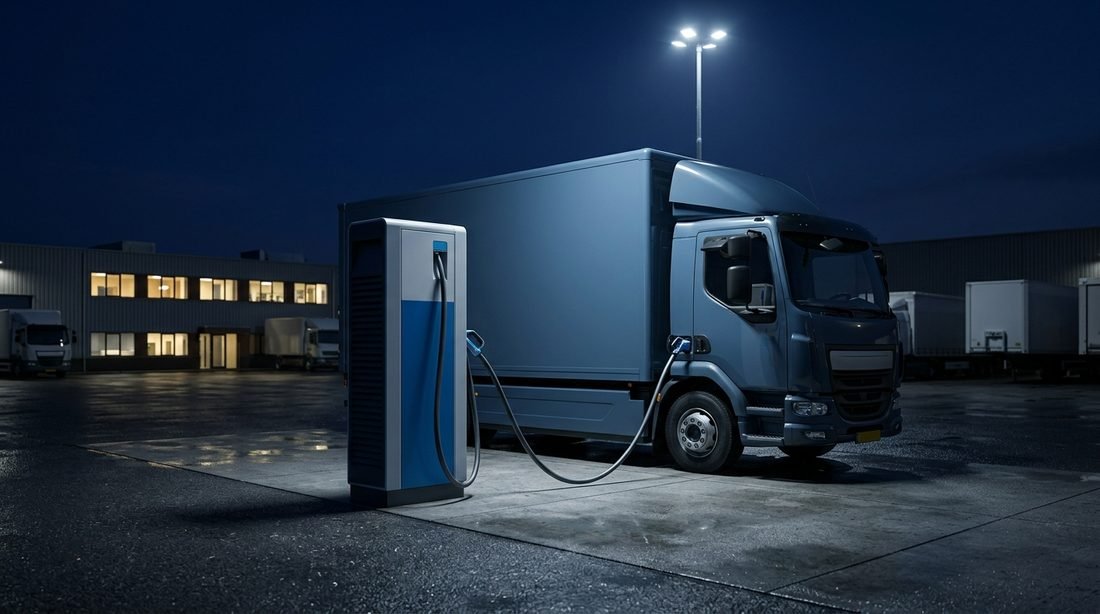 Elektrische vrachtwagen aan een DC-snellader op een bedrijventerrein bij nacht