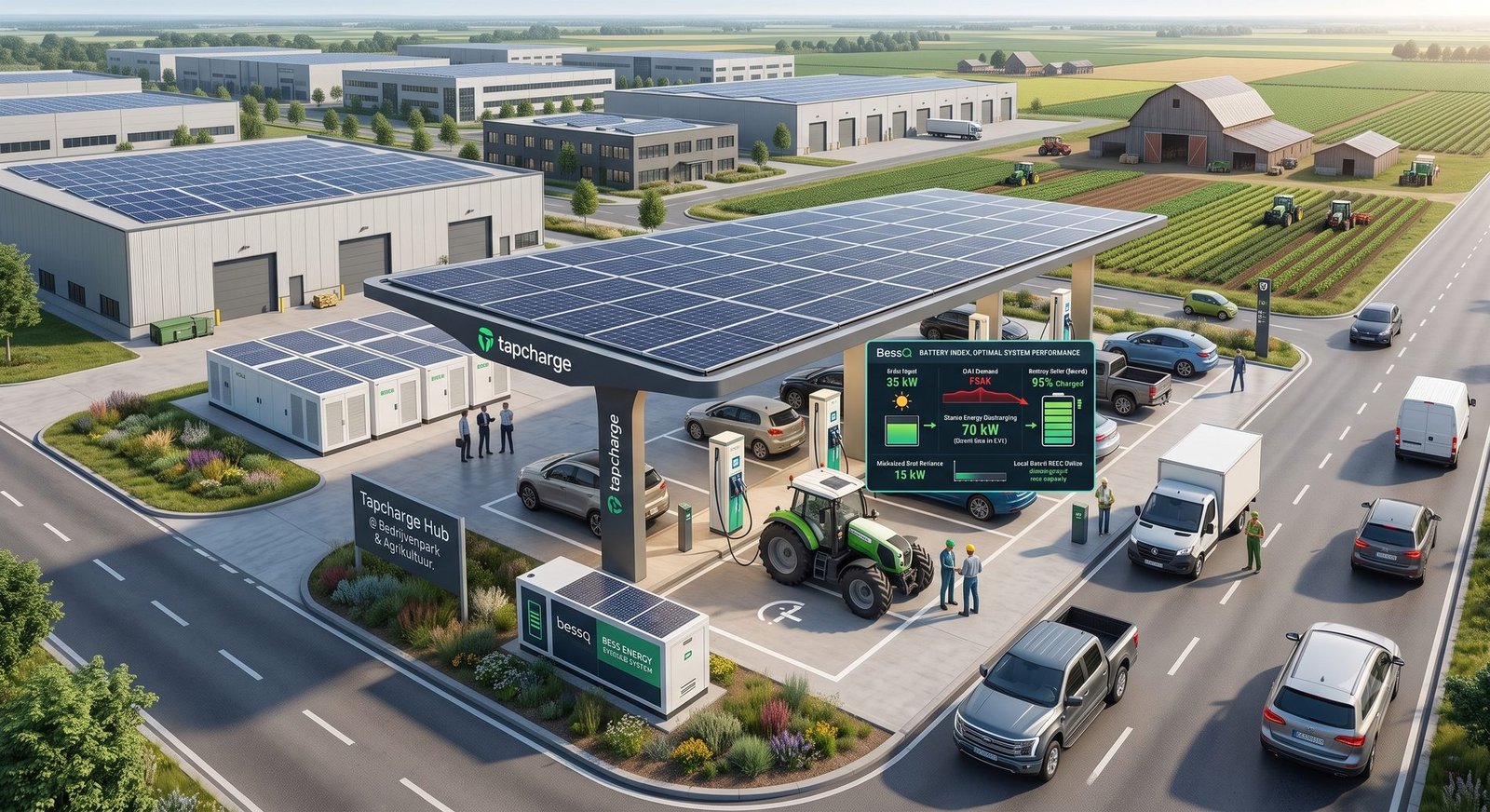 TapCharge-laadhub op een bedrijventerrein bij agrarisch gebied: zonnedak, batterijopslag, AC- en DC-laadpunten